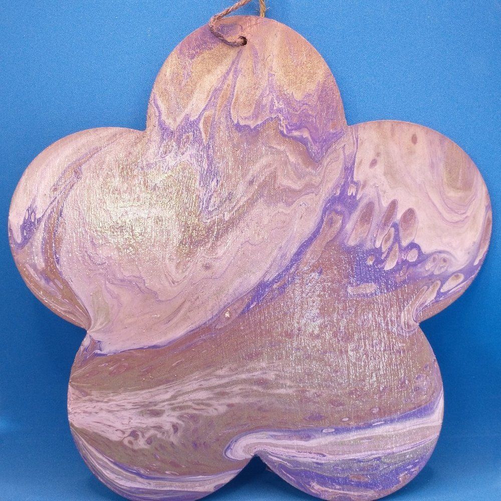 Hand Crafted Hanging Purple Flower Wood Wall or Door Decoration Fluid Art